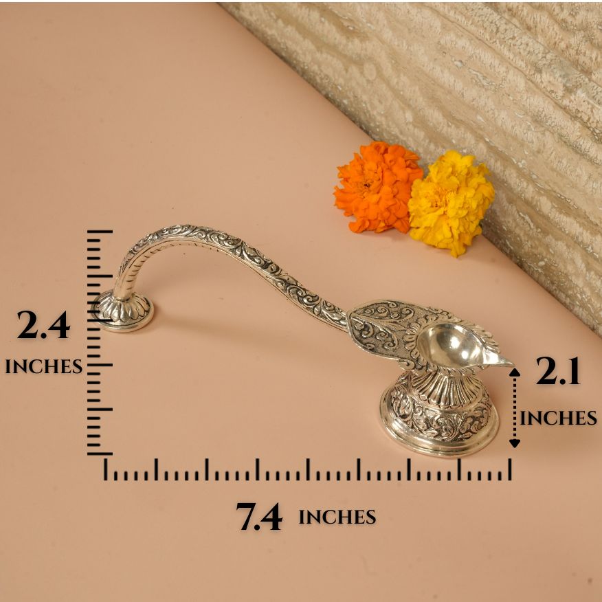 925 Silver Aarti Diya – Leaf Design with Long Ornate Handle