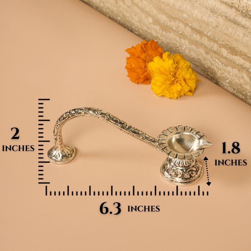 925 Silver Aarti Diya with Long Handle – Intricate Floral Design