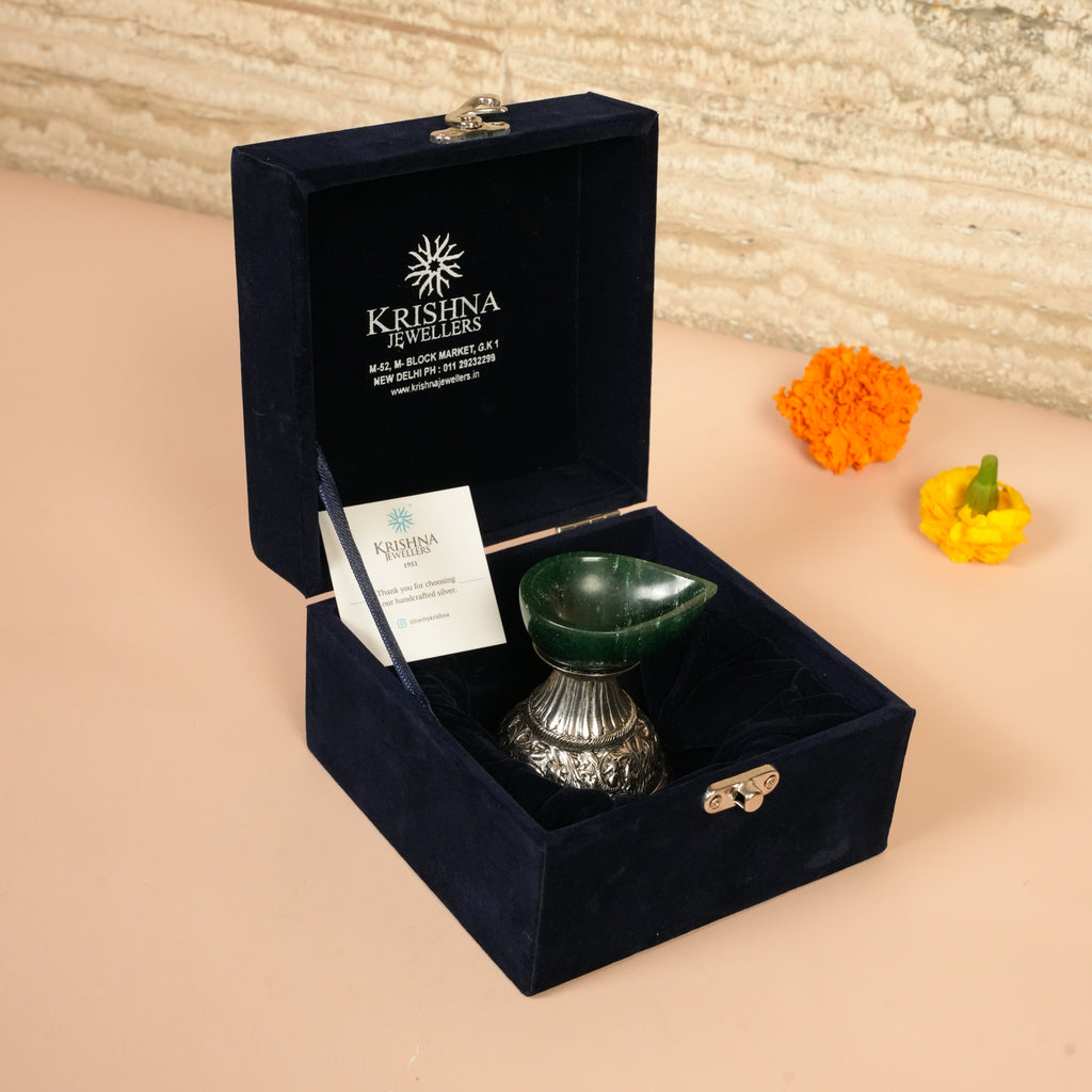 Handcrafted Silver Diya with Green Stone
