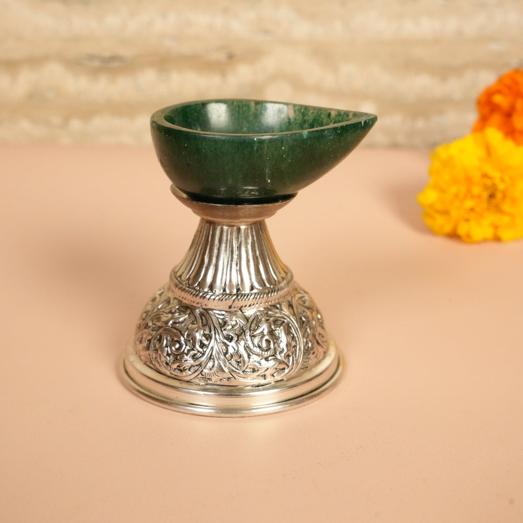 Handcrafted Silver Diya with Green Stone