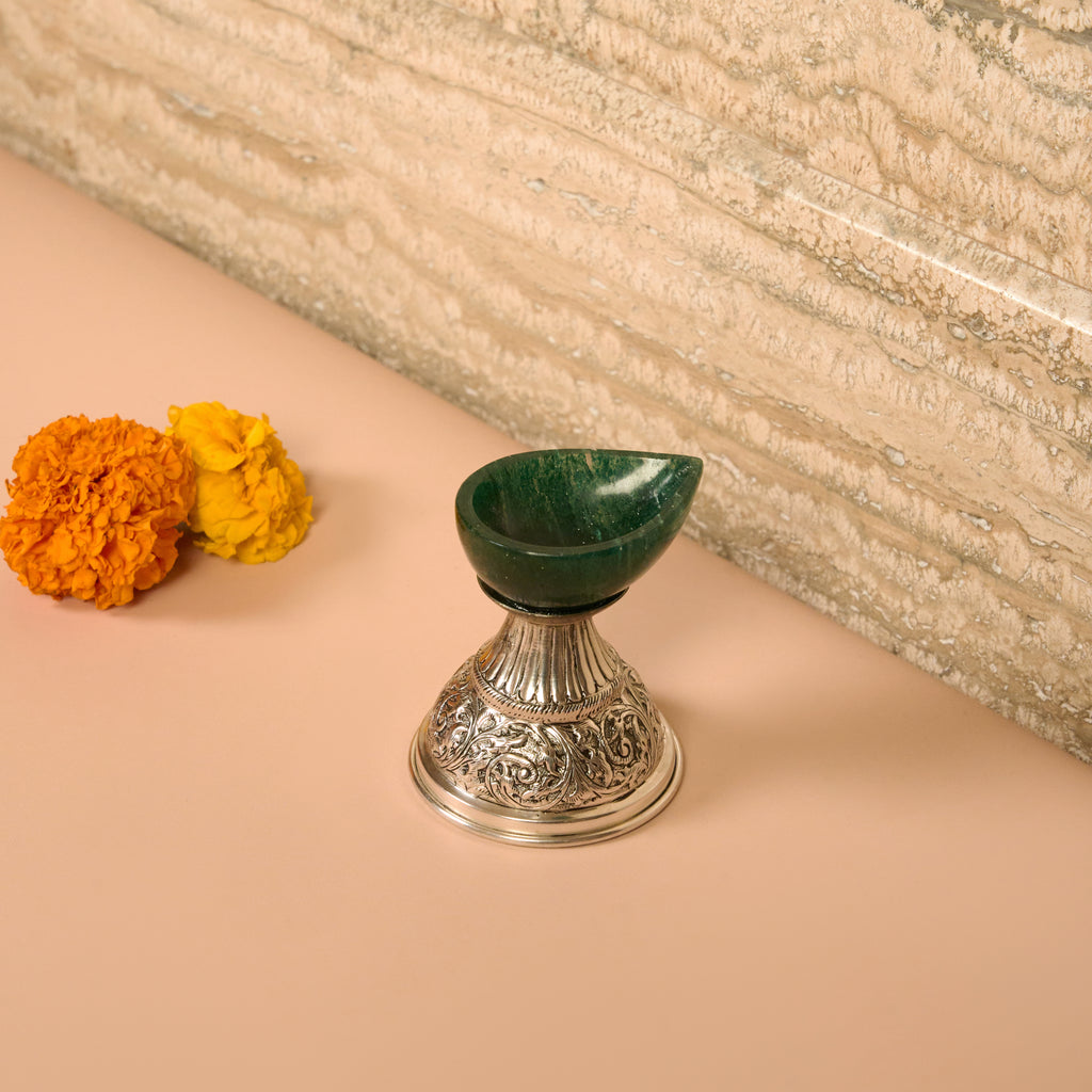 Handcrafted Silver Diya with Green Stone