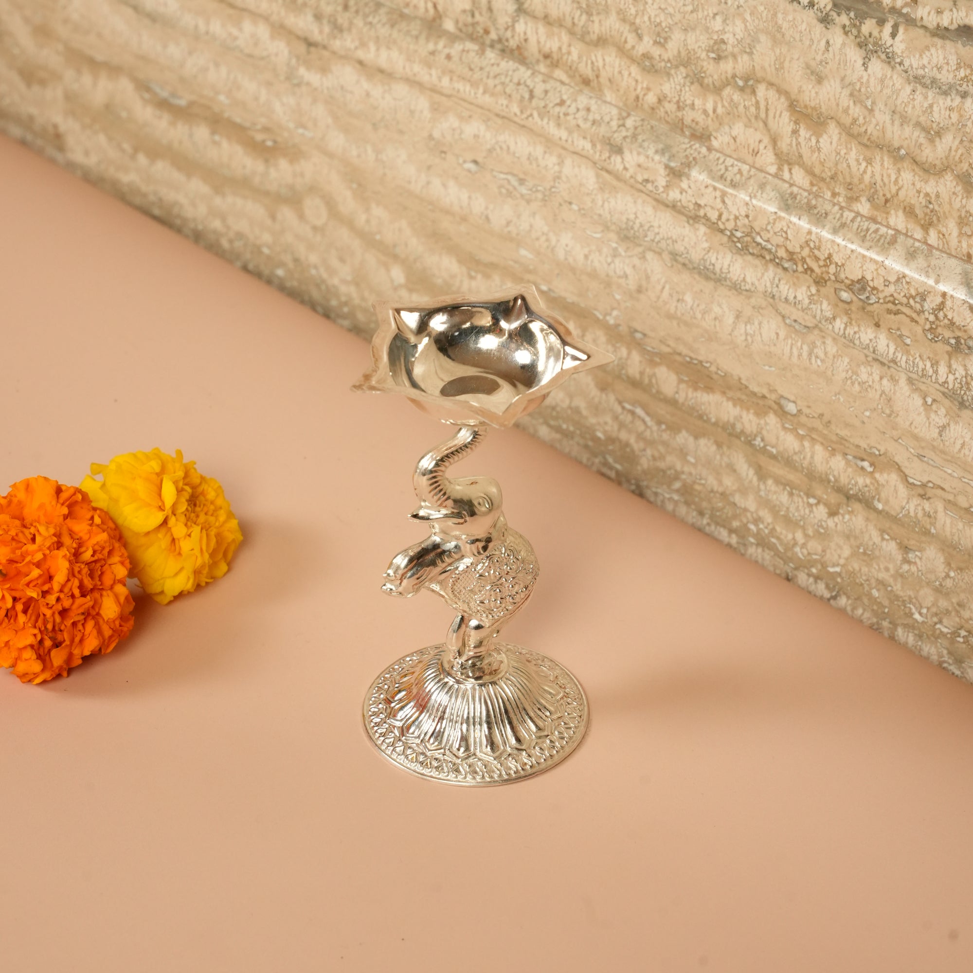 Elephant Design Silver Diya