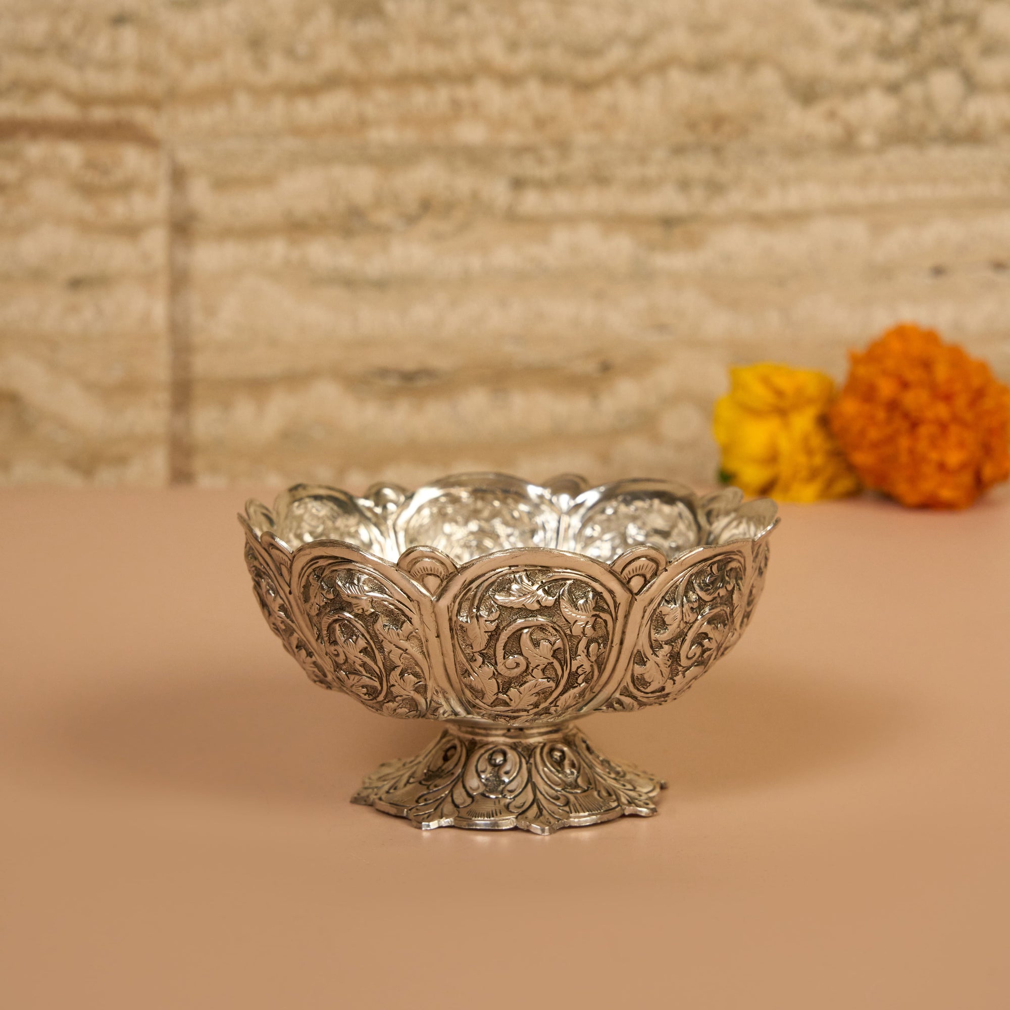 Floral Large Silver Akhand Jyot