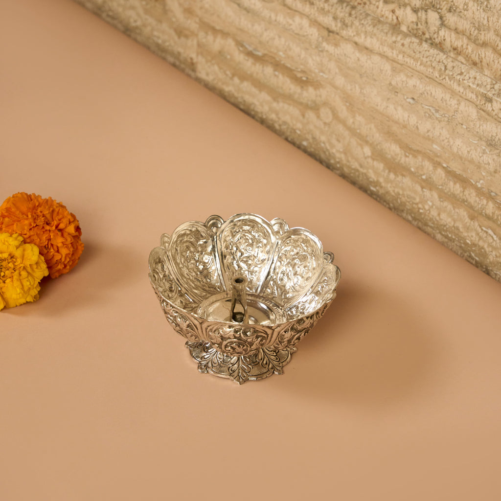 Floral Large Silver Akhand Jyot