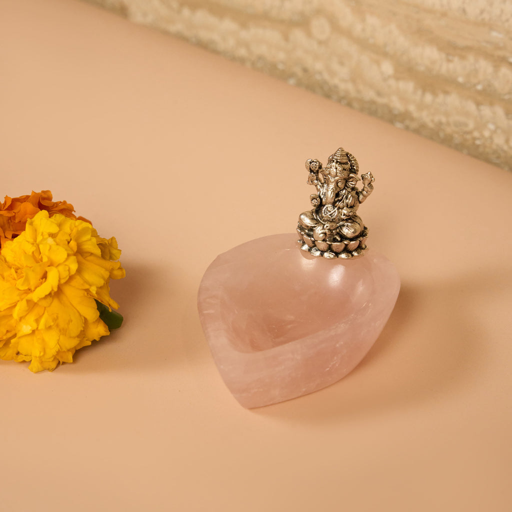 925 Sterling Silver Ganesha Idol on Natural Rose Quartz