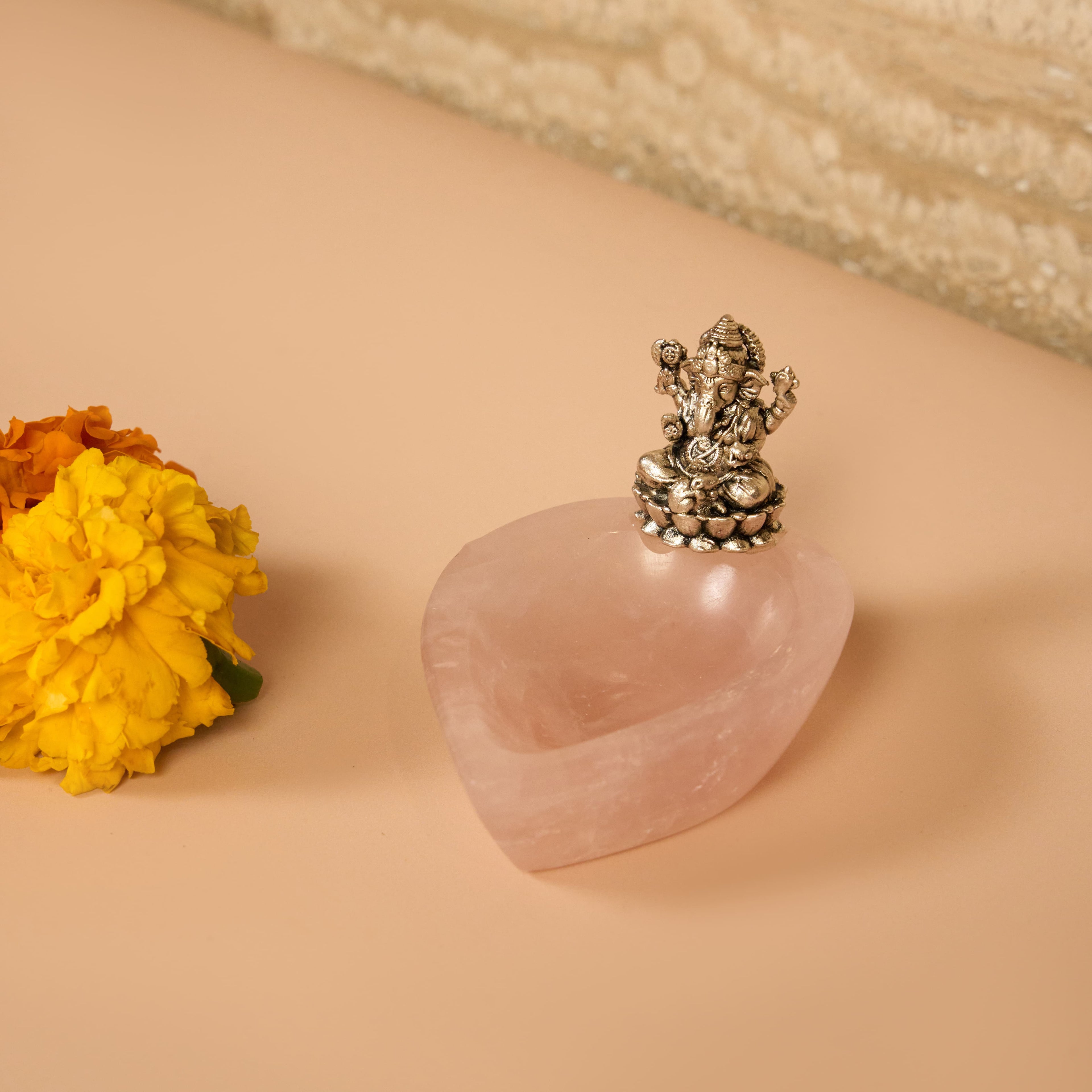 925 Sterling Silver Ganesha Idol on Natural Rose Quartz