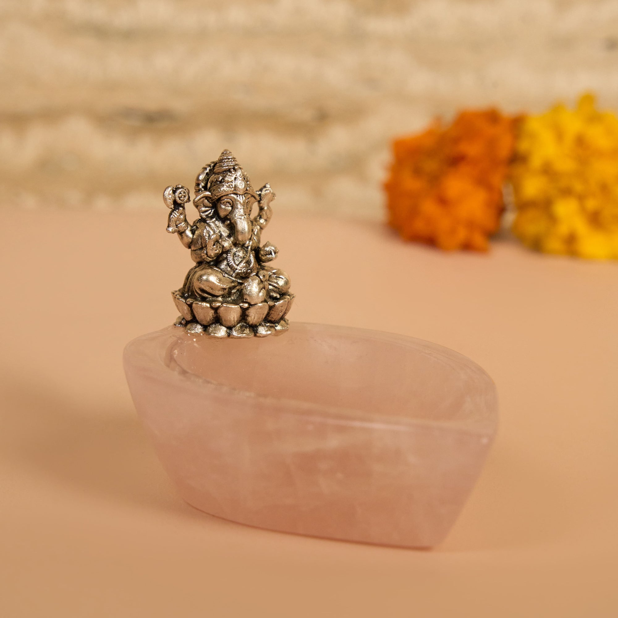 925 Sterling Silver Ganesha Idol on Natural Rose Quartz