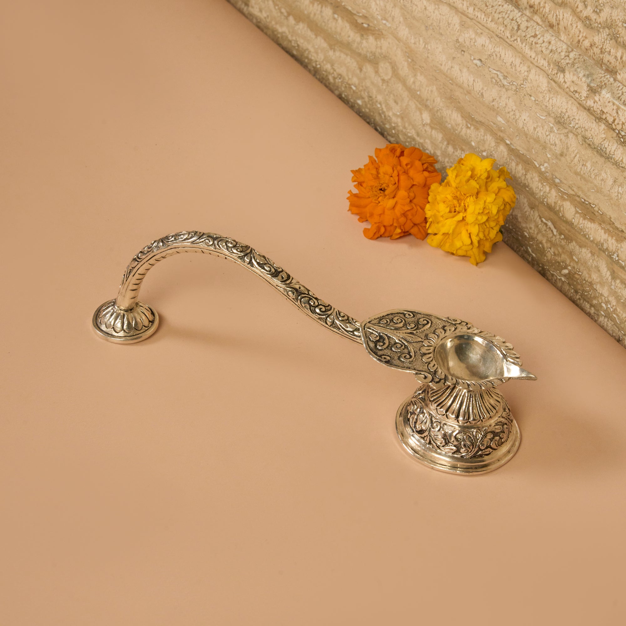 925 Silver Aarti Diya – Leaf Design with Long Ornate Handle