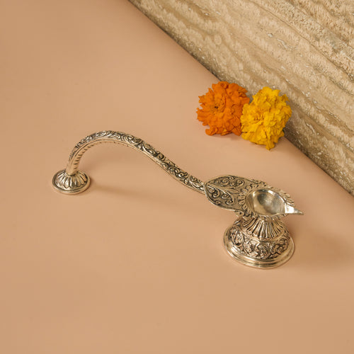 925 Silver Aarti Diya – Leaf Design with Long Ornate Handle