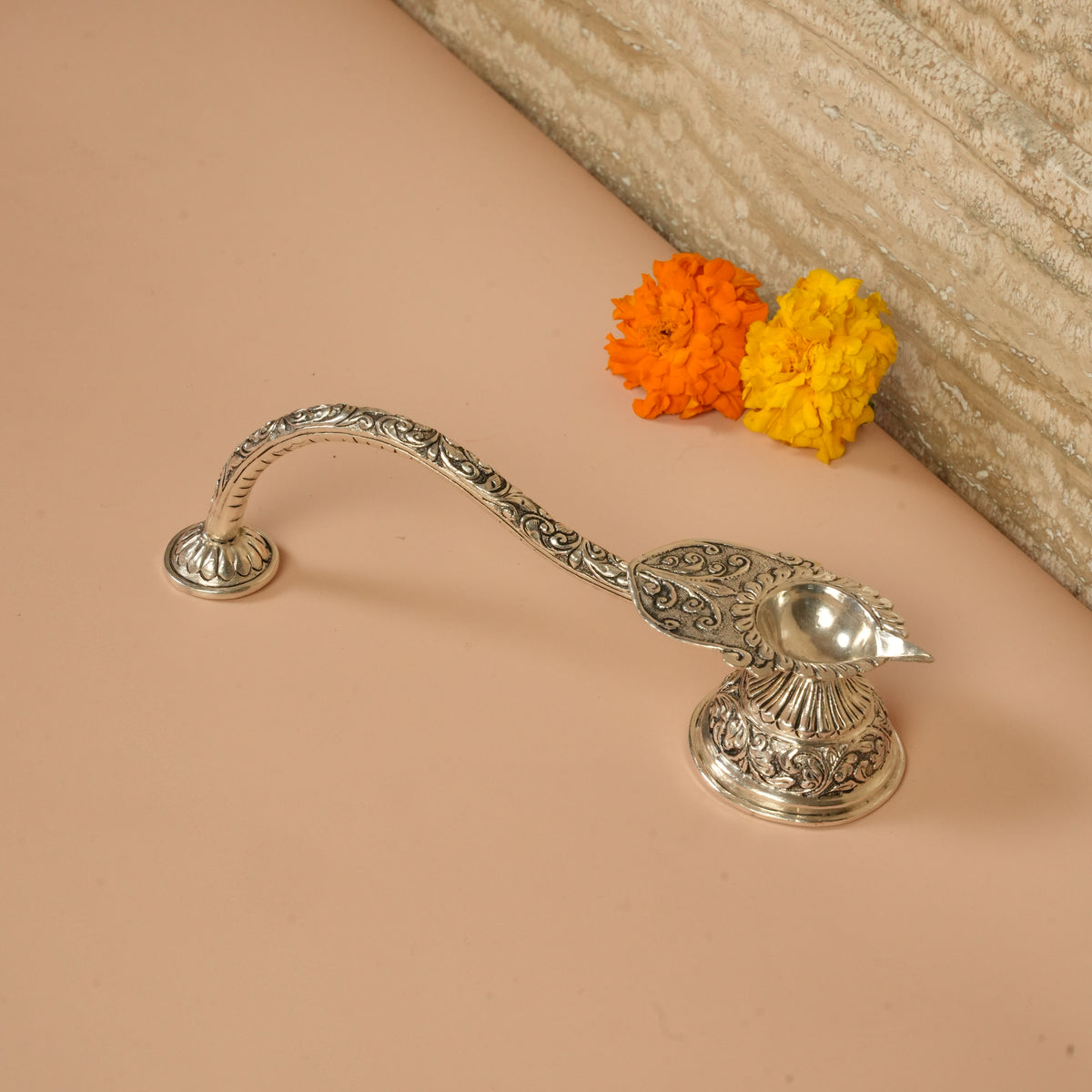925 Silver Aarti Diya – Leaf Design with Long Ornate Handle