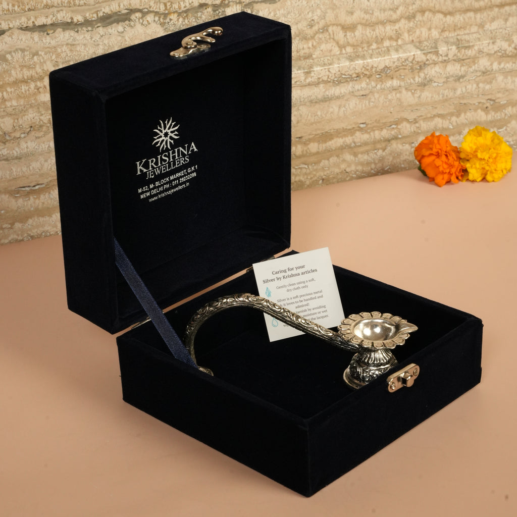 925 Silver Aarti Diya with Long Handle – Intricate Floral Design