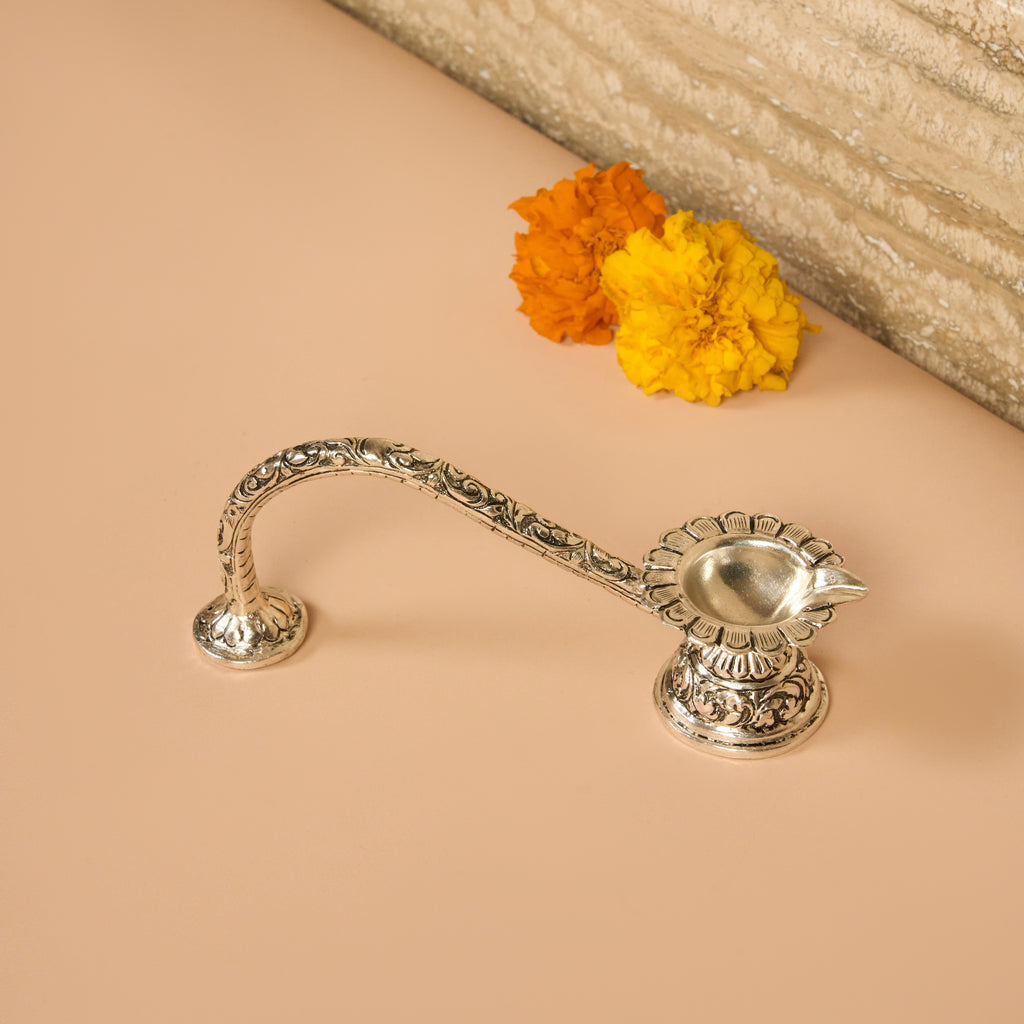 925 Silver Aarti Diya with Long Handle – Intricate Floral Design