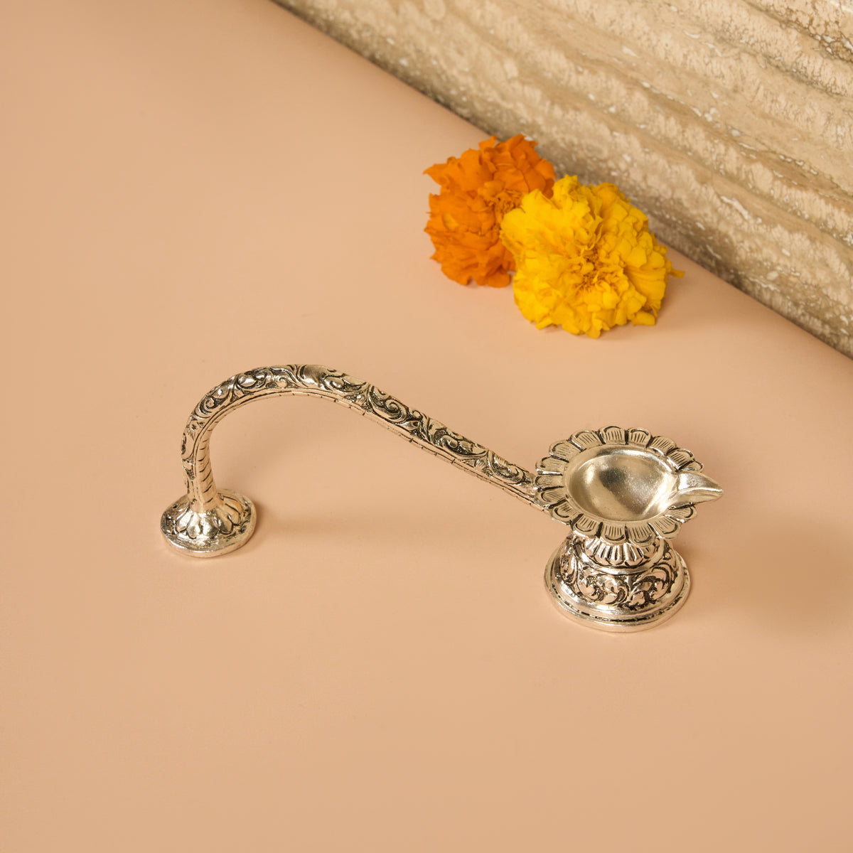 925 Silver Aarti Diya with Long Handle – Intricate Floral Design