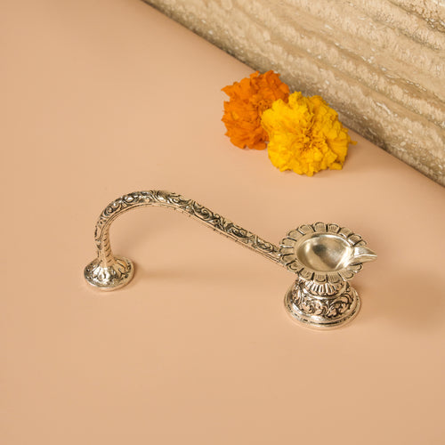 925 Silver Aarti Diya with Long Handle – Intricate Floral Design