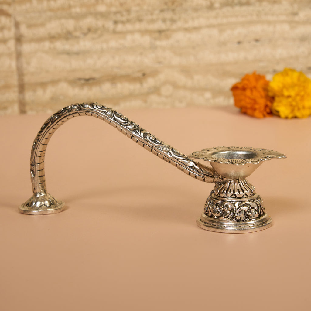 925 Silver Aarti Diya with Long Handle – Intricate Floral Design