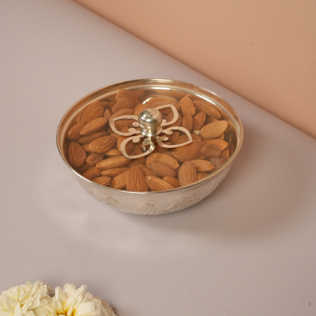 Pure Silver Handcrafted Bowl with Lid – Intricate Floral Design