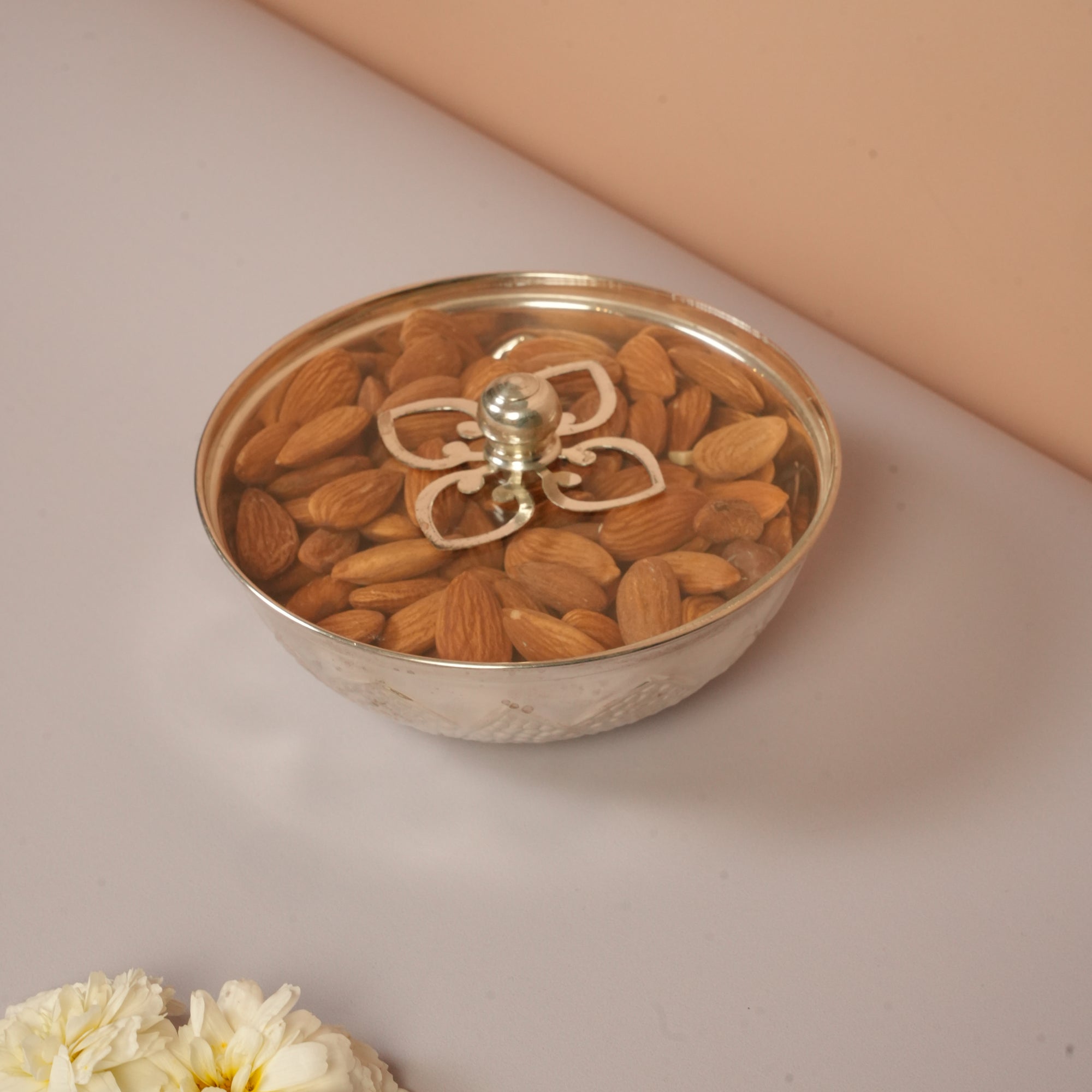 Pure Silver Handcrafted Bowl with Lid – Intricate Floral Design
