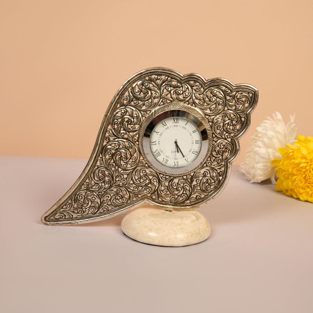 Handcrafted Silver Filigree Table Shankh Clock with Marble Base
