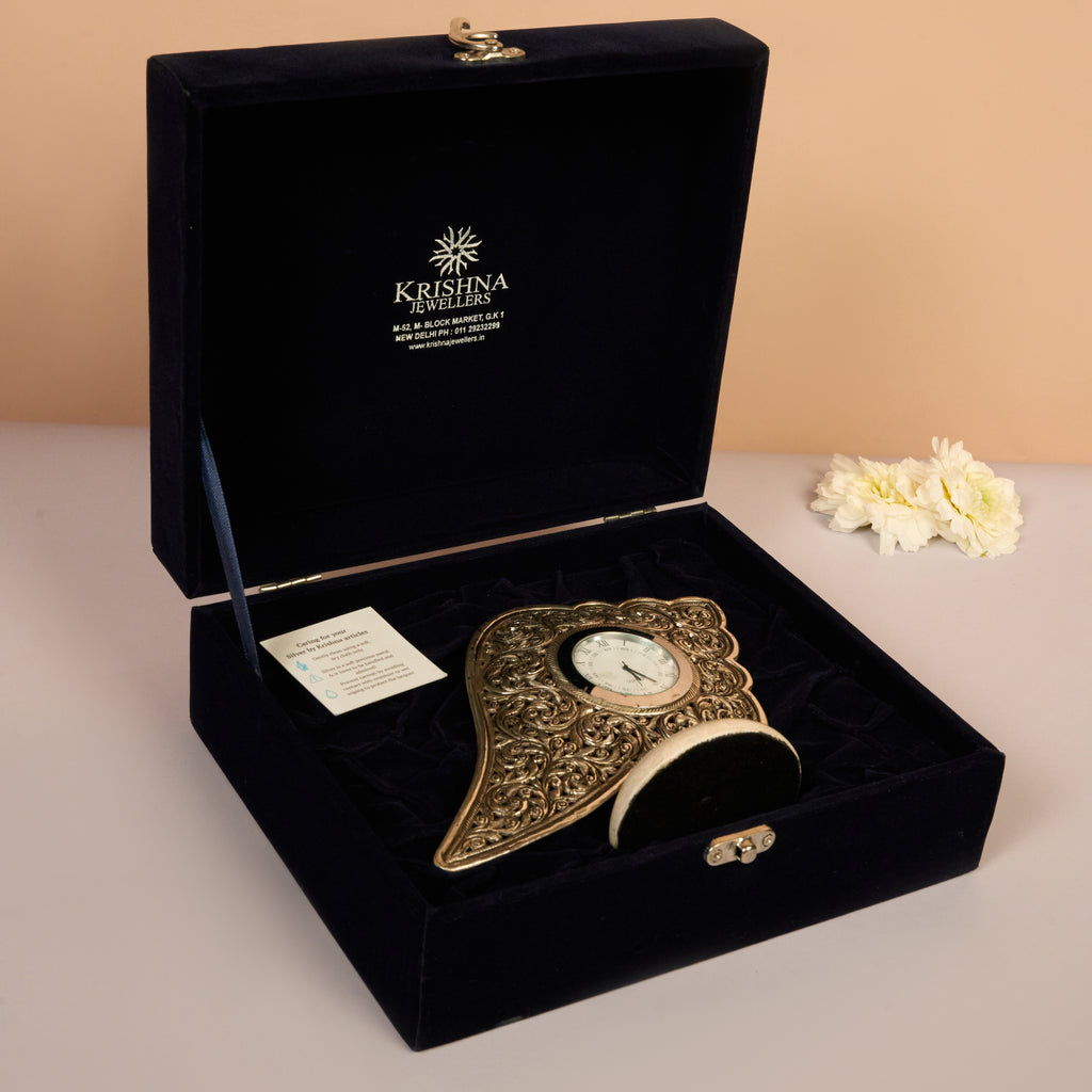 Handcrafted Silver Filigree Table Shankh Clock with Marble Base