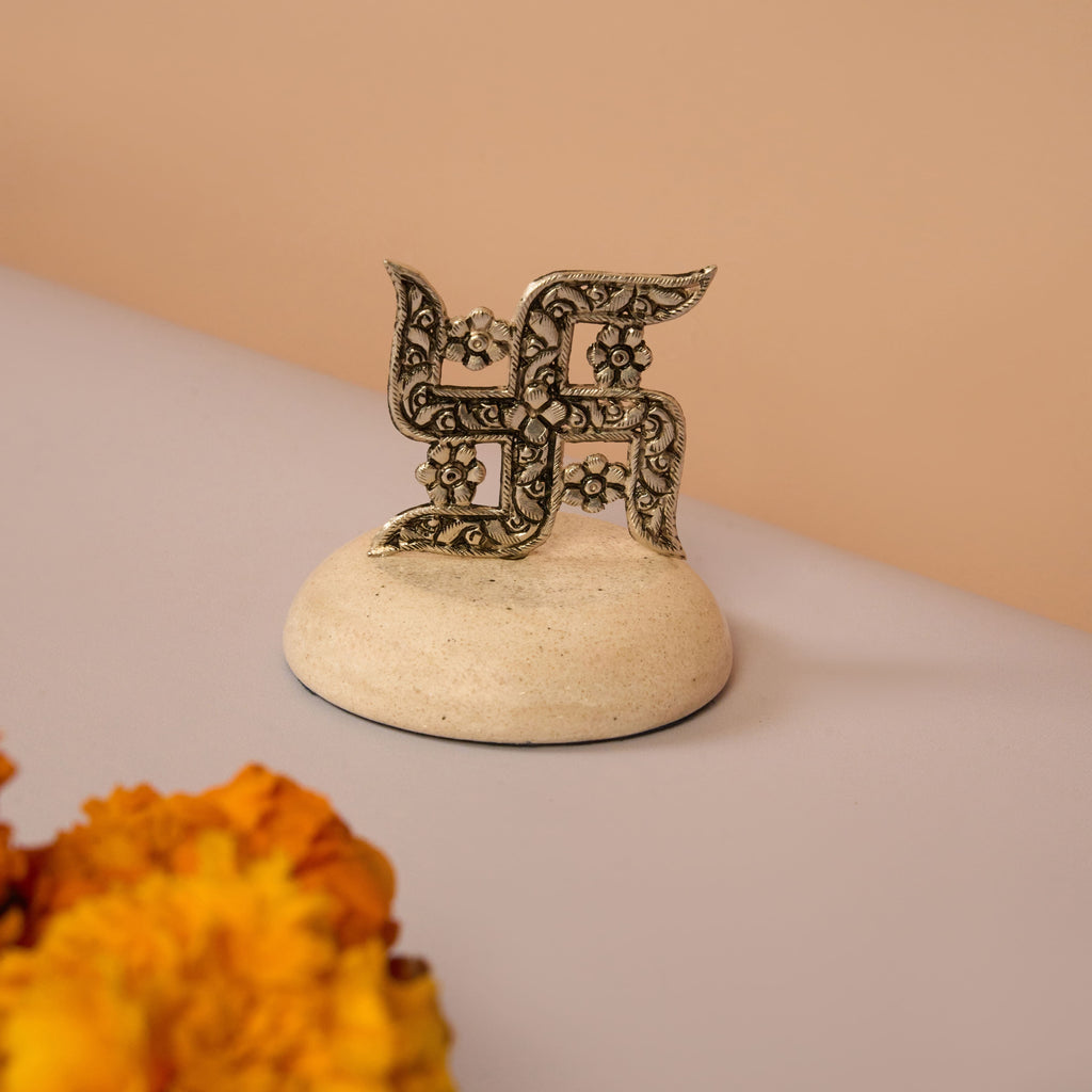 Handcrafted 925 Sterling Silver Swastika with Floral Engravings