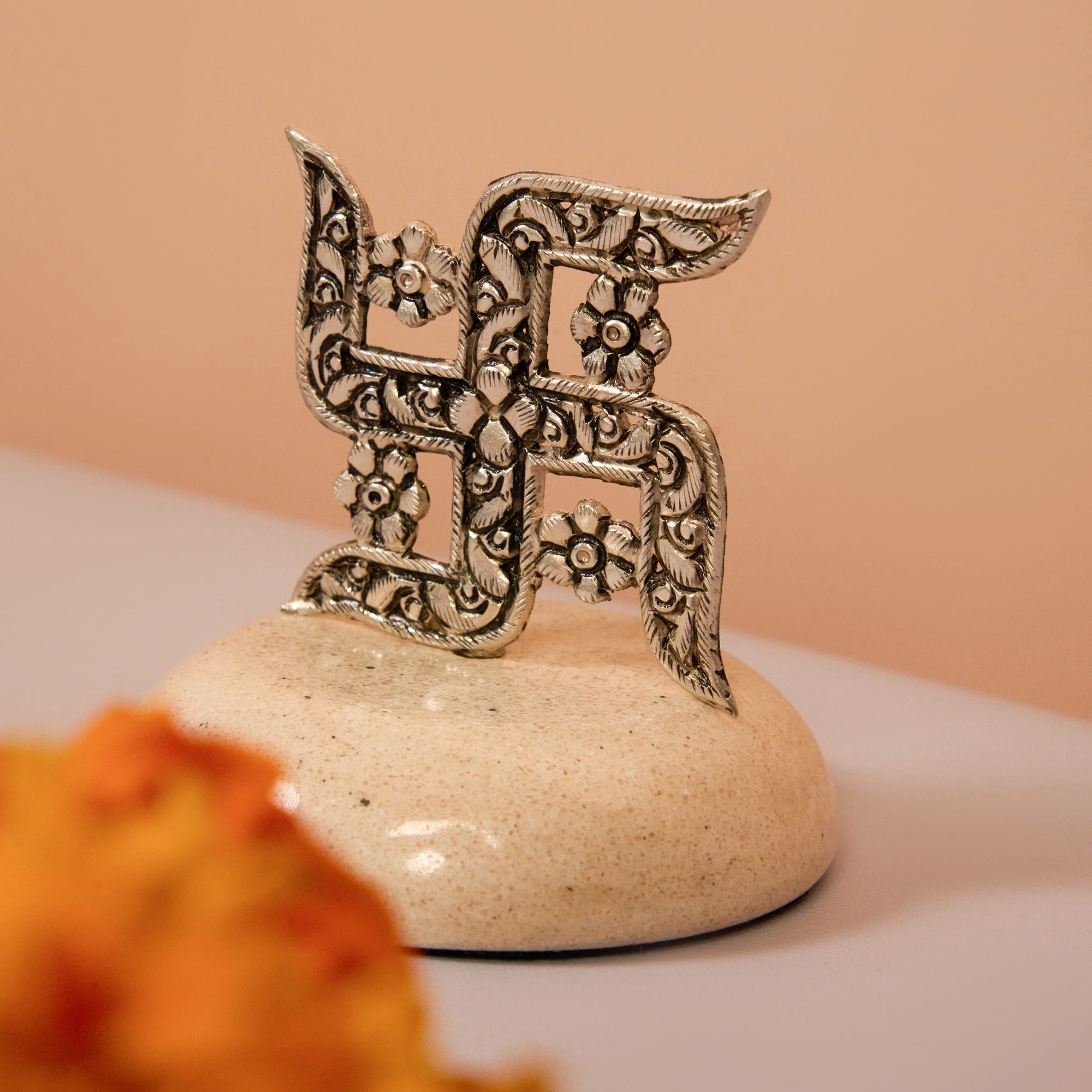 Handcrafted 925 Sterling Silver Swastika with Floral Engravings