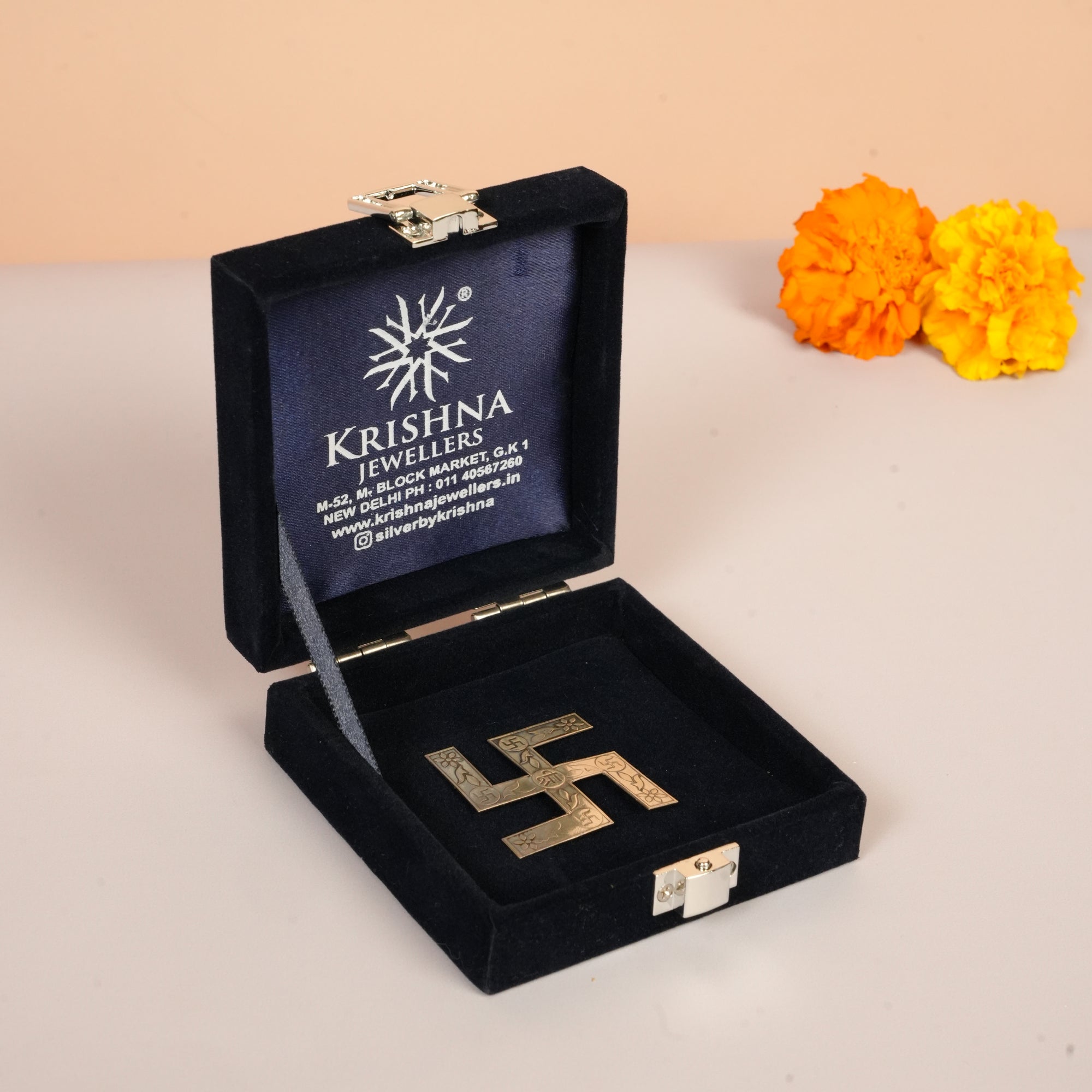 Small Silver Swastik with Floral & Leaf Engraving