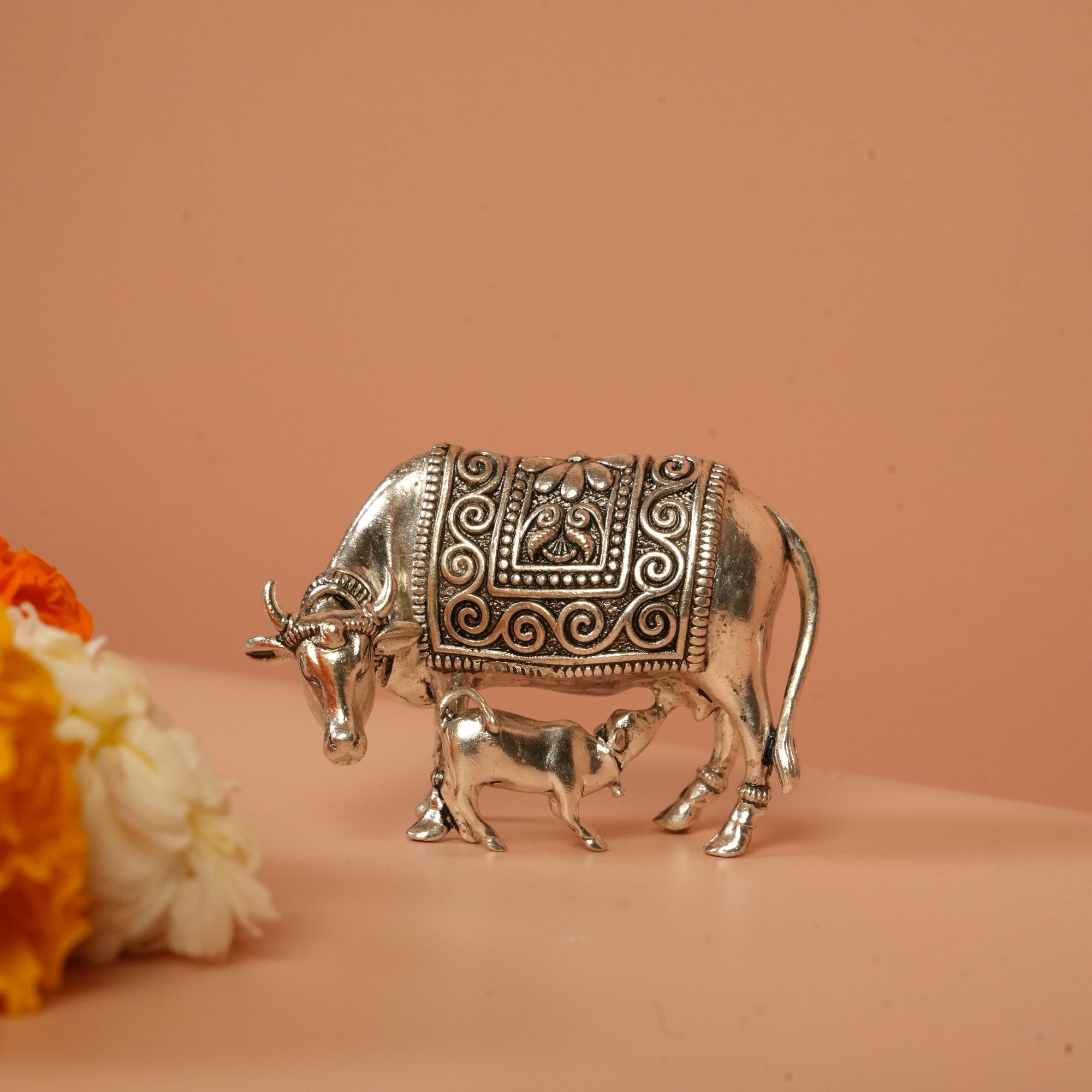 Handcrafted Silver Kamdhenu Cow and Calf Showpiece