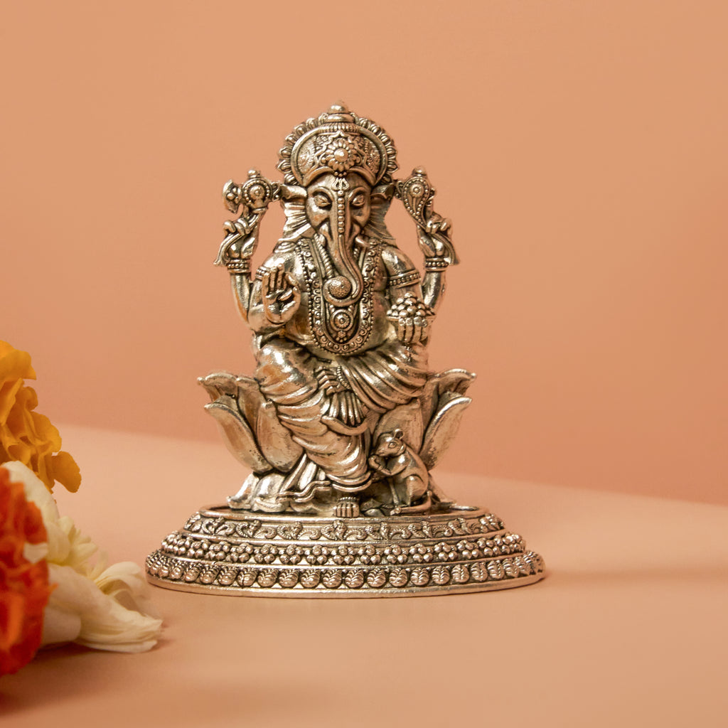 Large Silver Ganesh Ji Idol on Lotus Base