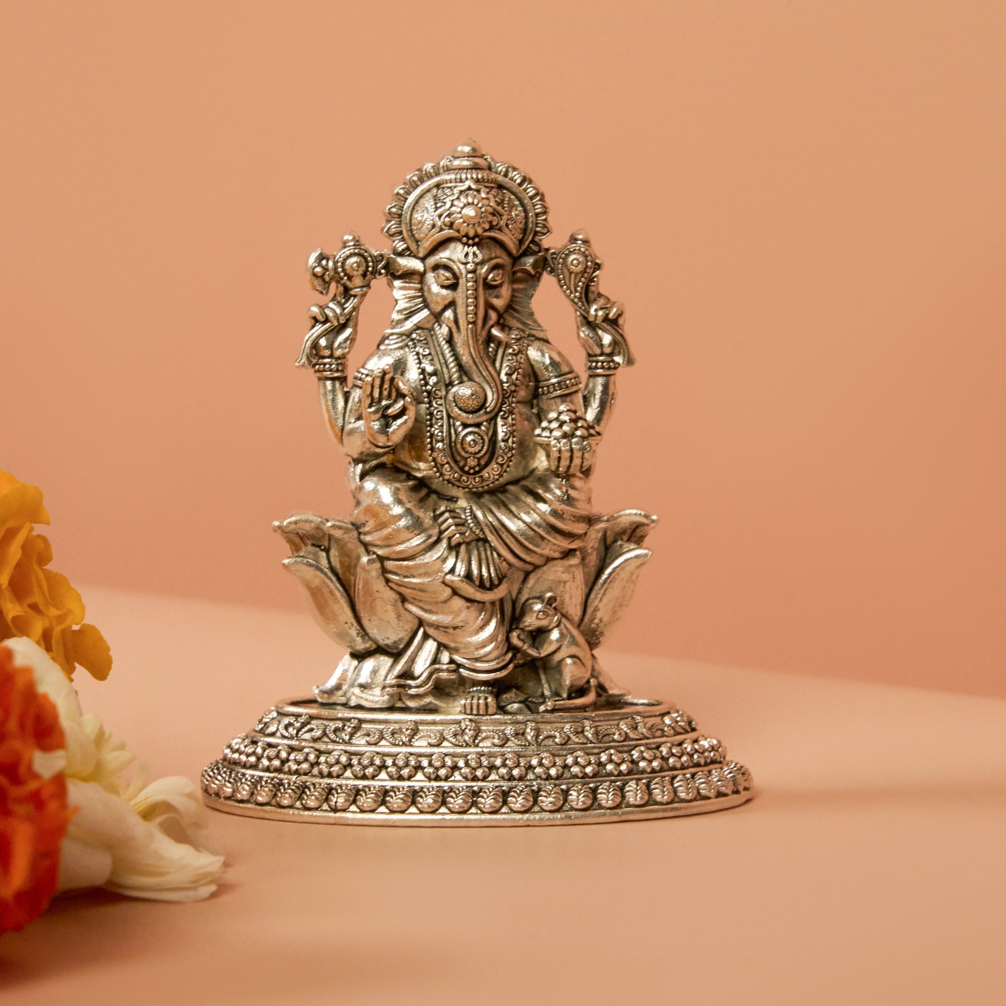 Large Silver Ganesh Ji Idol on Lotus Base