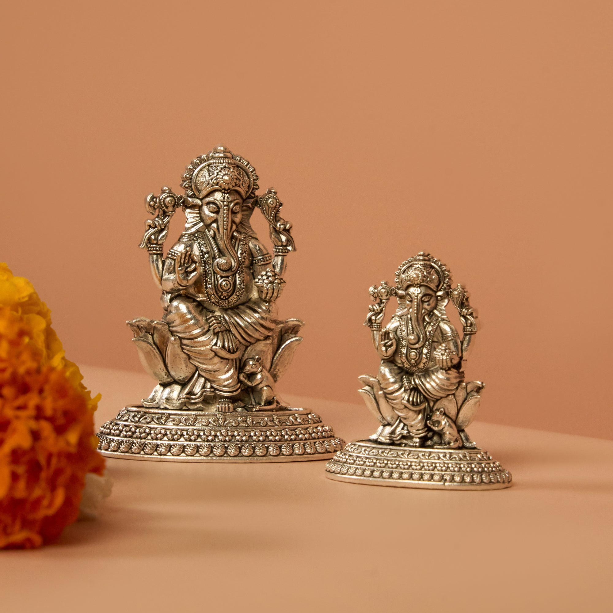 Medium Silver Ganesh Ji Idol on Lotus Base