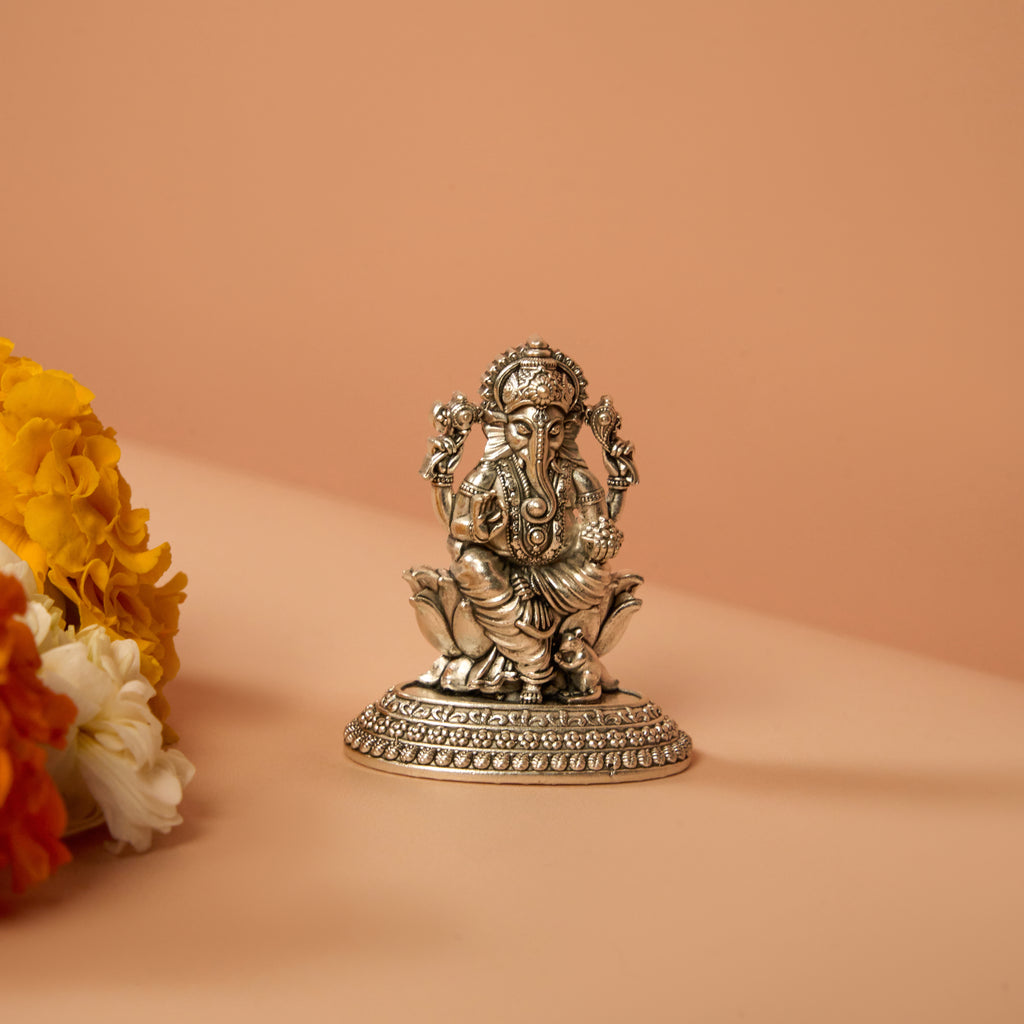 Medium Silver Ganesh Ji Idol on Lotus Base