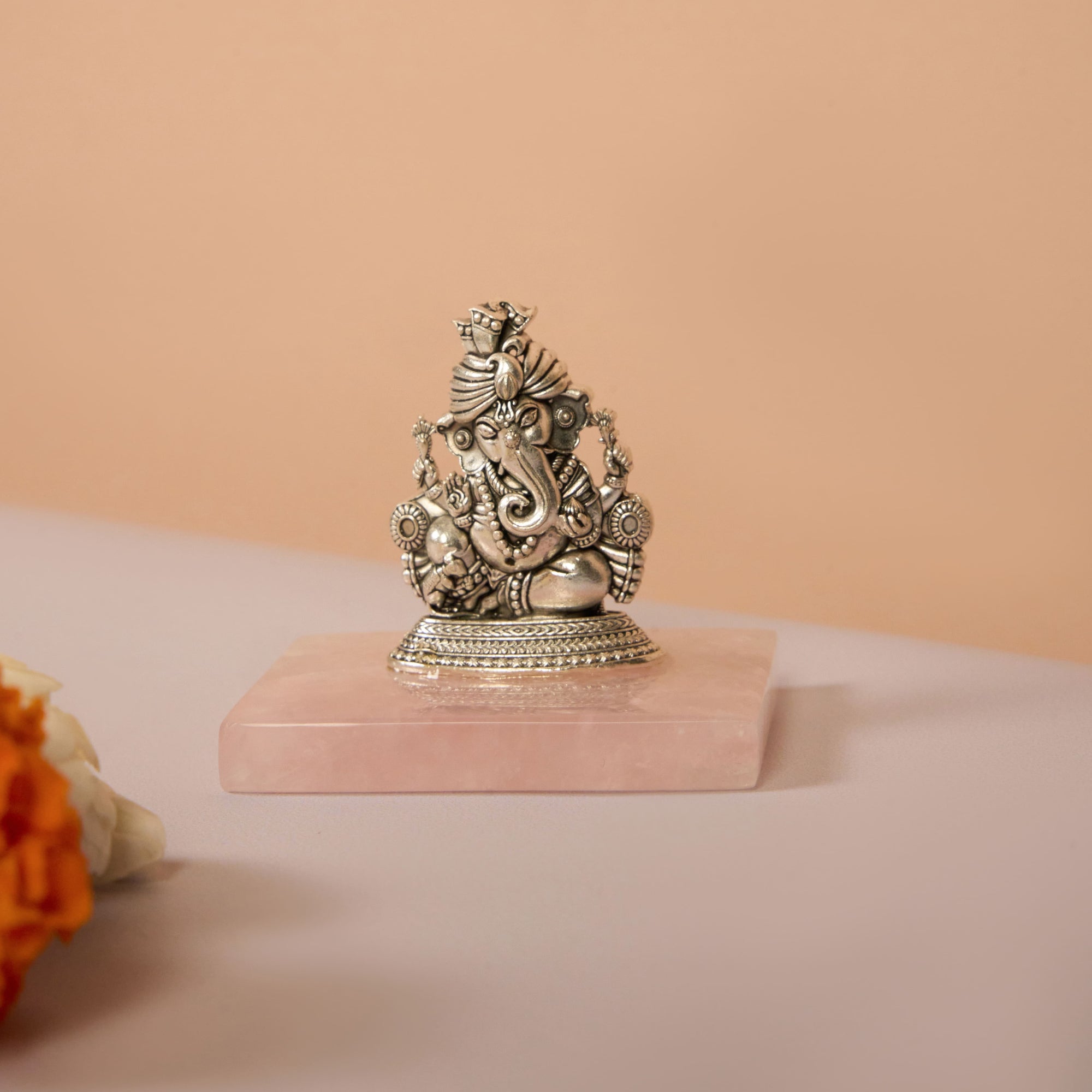 Oxidized Silver Ganesha Idol on Rose Quartz Base