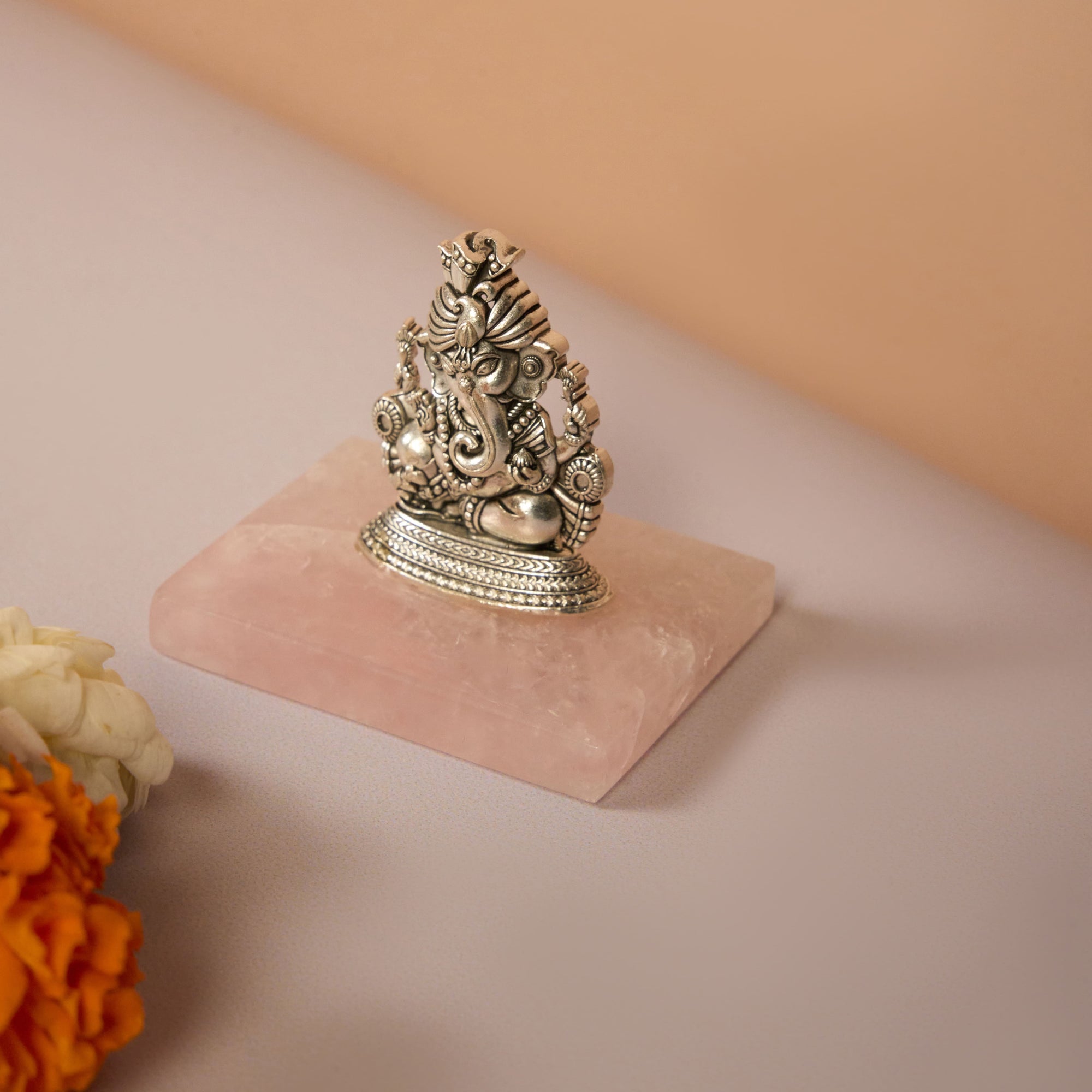 Oxidized Silver Ganesha Idol on Rose Quartz Base