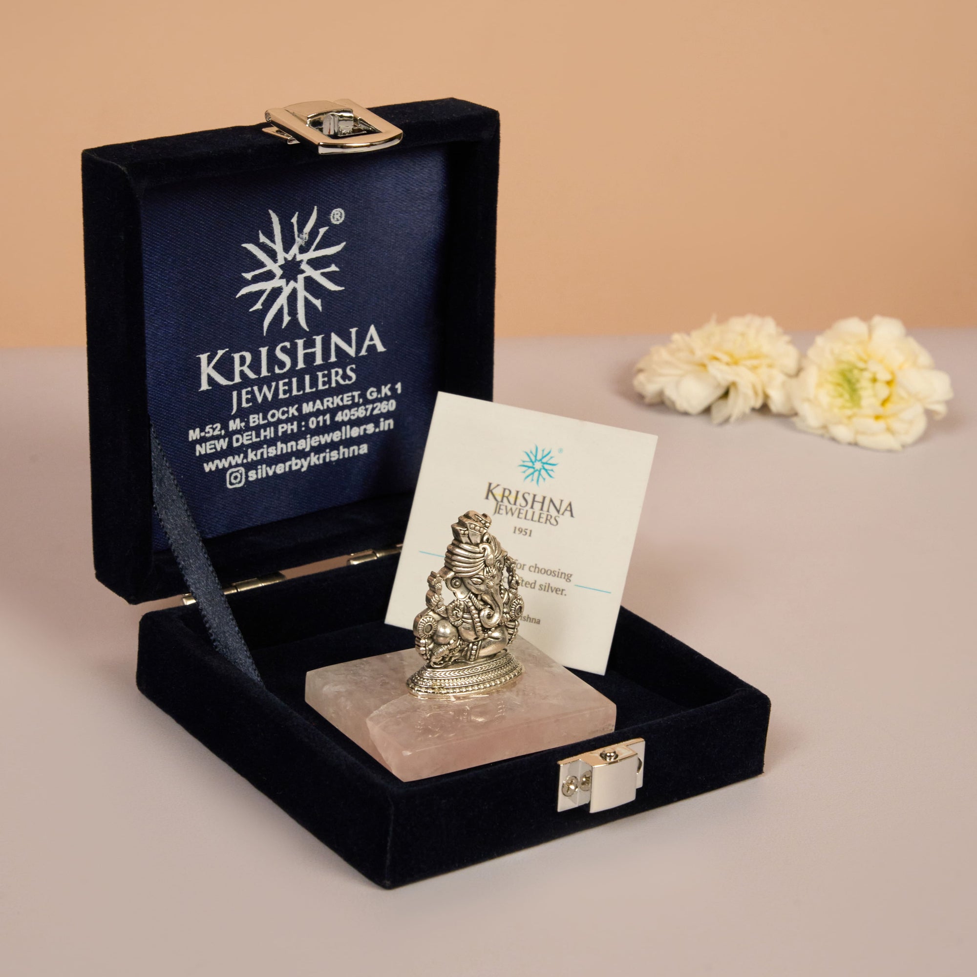 Oxidized Silver Ganesha Idol on Rose Quartz Base