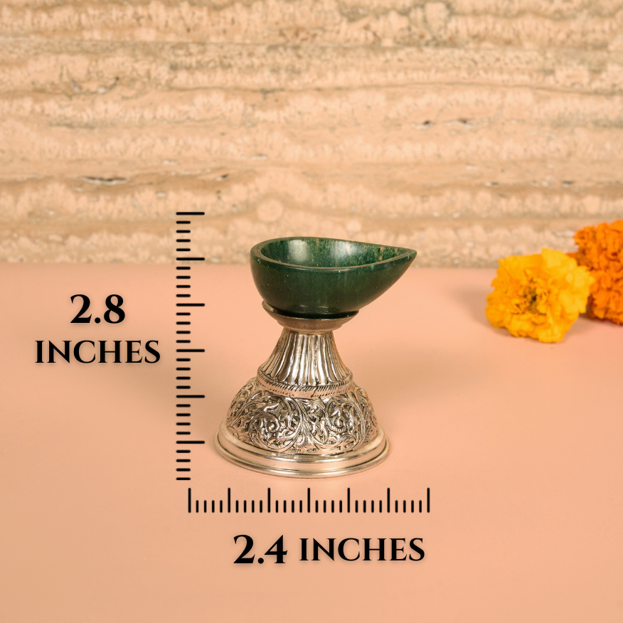 Handcrafted Silver Diya with Green Stone