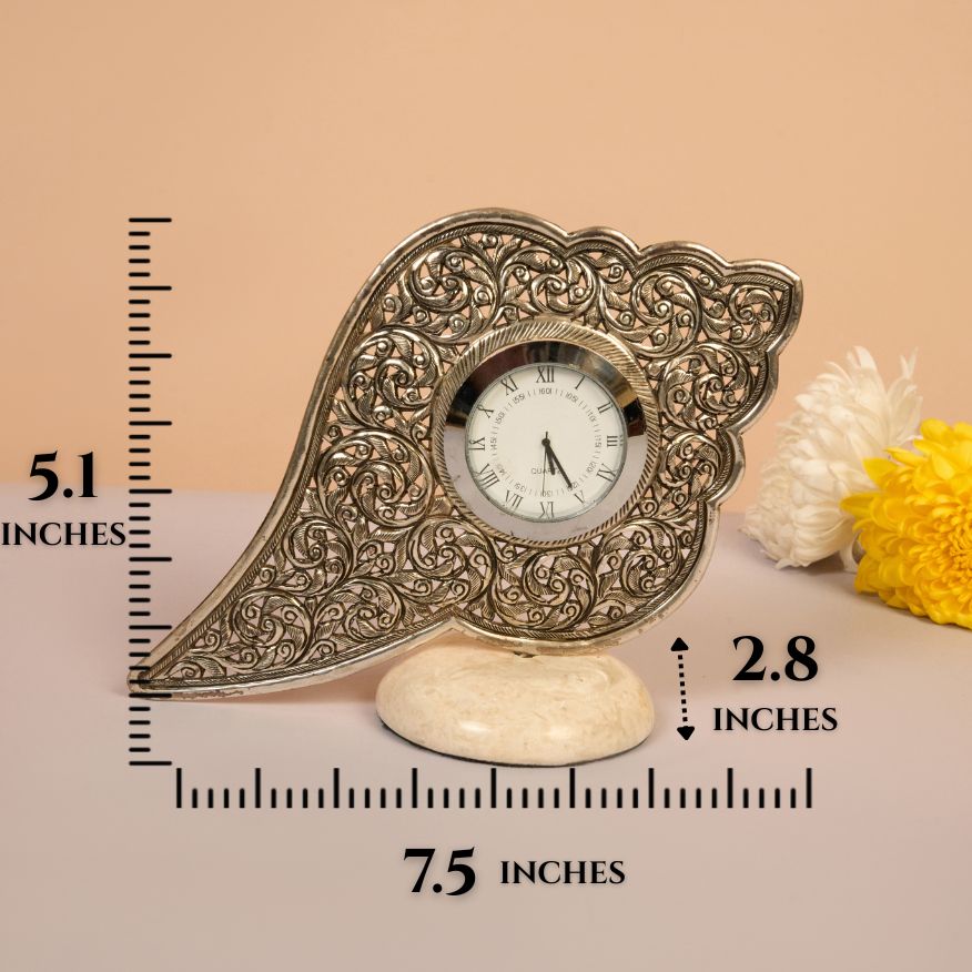 Handcrafted Silver Filigree Table Shankh Clock with Marble Base