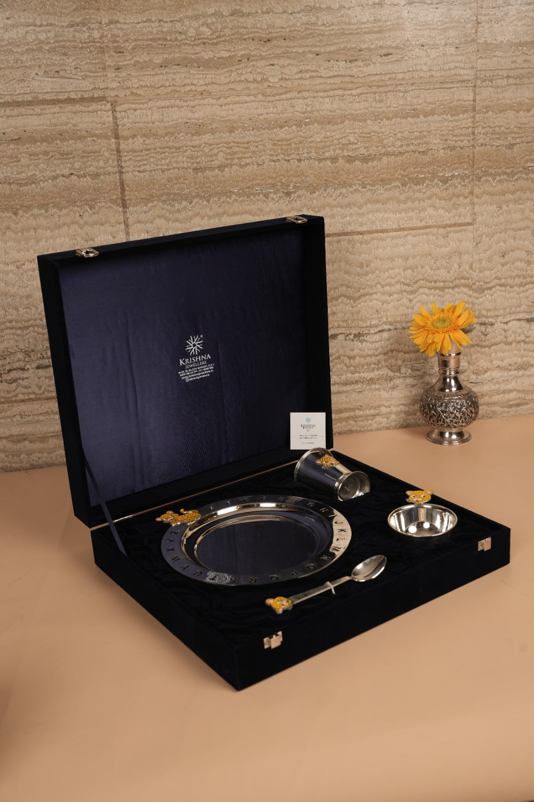 Yellow Tiger Motif Sterling Silver Kids Dining Set