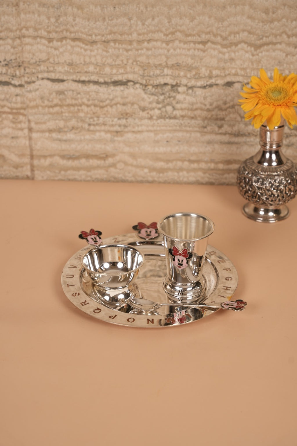 Minnie Alphabet Sterling Silver Kids Dining Set