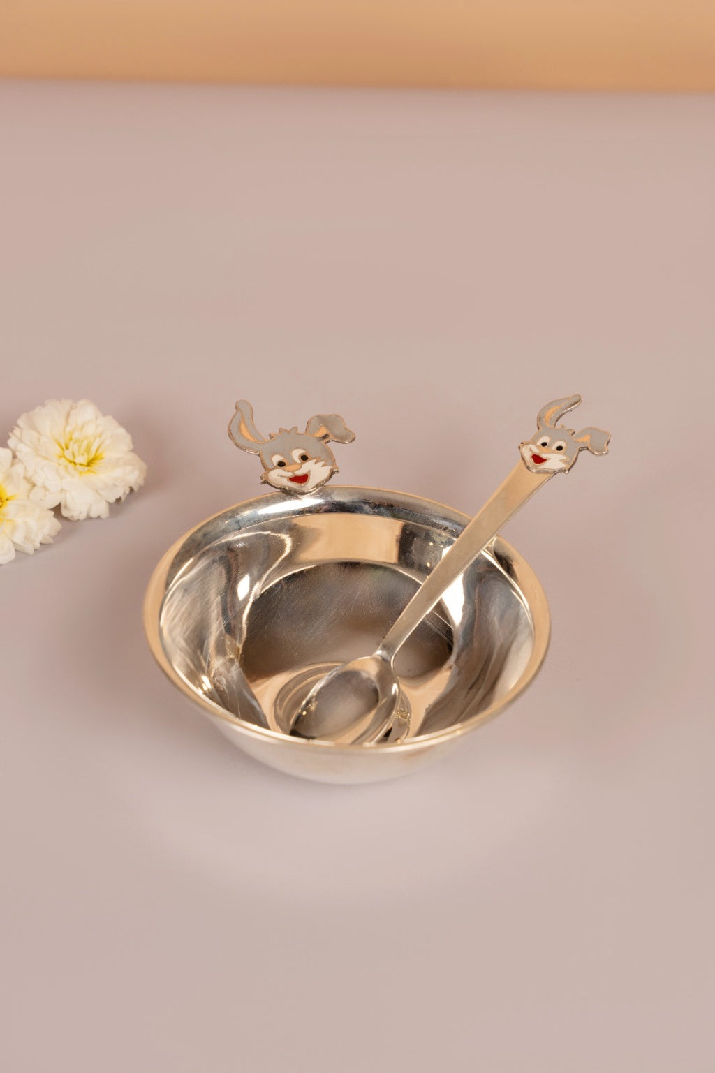 Sterling Silver Bugs Bunny Motif Bowl & Spoon Set – Luxury Gift Collection