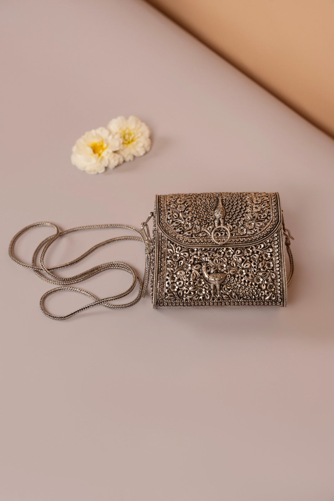 Floral Peacock Sterling Silver Clutch